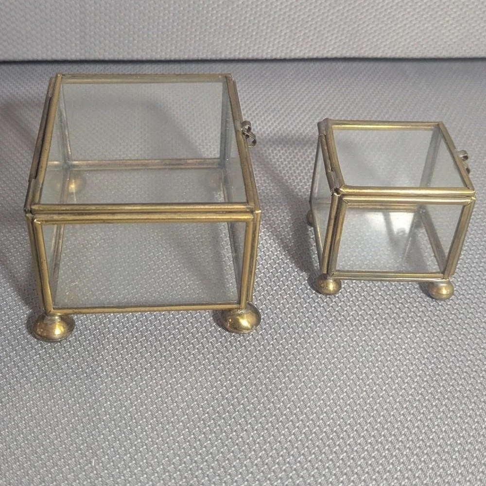Vintage Brass and Clear Glass Jewelry Trinket Casket Box Set of 2 Footed